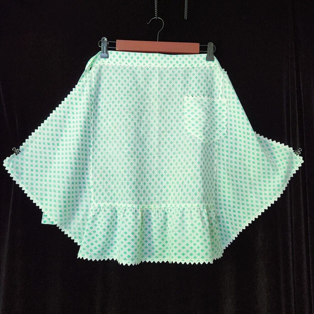 OOAK Half Apron Vintage Kitchen Turquoise Aqua White Plaid with Rick Rack Hem